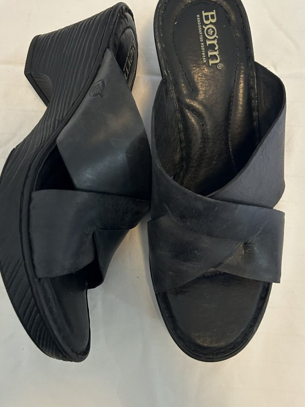 Børn Black Leather Crisscross Platform Wedge Slide Sandals 9M